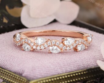 Moissanite Wedding Band, Rose Gold Stacking Ring, Wave Matching Band by CPFineJewelry