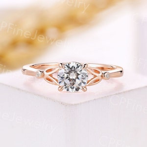 Vintage round moissanite engagement ring rose gold ring delicate natural diamond ring unique bezel set ring anniversary promise ring