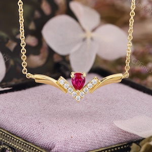 Crown Pear Ruby Necklace, V Shape Pendant, Valentine's Day Girl Gift by CPFineJewelry