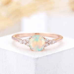 African faceted opal engagement ring rose gold round ring art deco diamond women ring vintage promise ring anniversary bridal ring