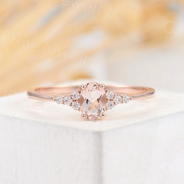 Vintage morganite engagement ring oval cut, rose gold, prong set moissanite/diamond women ring, promise ring, anniversary ring