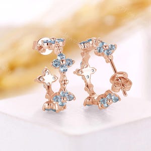 Natural Swiss Blue Topaz Hoop Earrings - Floral 18K Rose Gold Huggie Earrings - Dainty Clear Daily Wearing Jewelry by CPFineJewelry