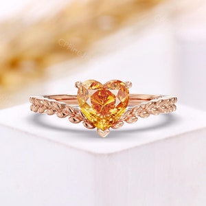 Heart-Shaped Orange Sapphire Ring - Rose Gold Wheat & Leaf Promise Ring for Women - Romantic Dainty Handmade Wedding Ring by CPFineJewelry