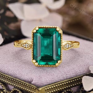 Emerald Engagement Ring, Yellow Gold Milgrain Ring, Vintage Cocktail Ring CPFineJewelry