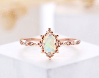 Vintage white opal engagement ring rose gold oval ring art deco diamond half eternity wedding ring unique milgrain anniversary promise ring