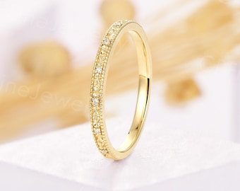 Vintage diamond wedding band yellow gold art deco milgrain wedding band unique delicate half eternity band simple anniversary bridal ring