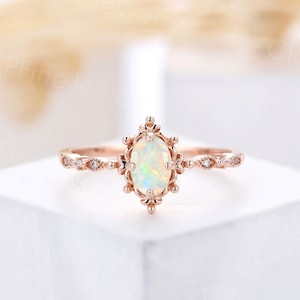 Vintage white opal engagement ring rose gold oval ring art deco diamond half eternity wedding ring unique milgrain anniversary promise ring