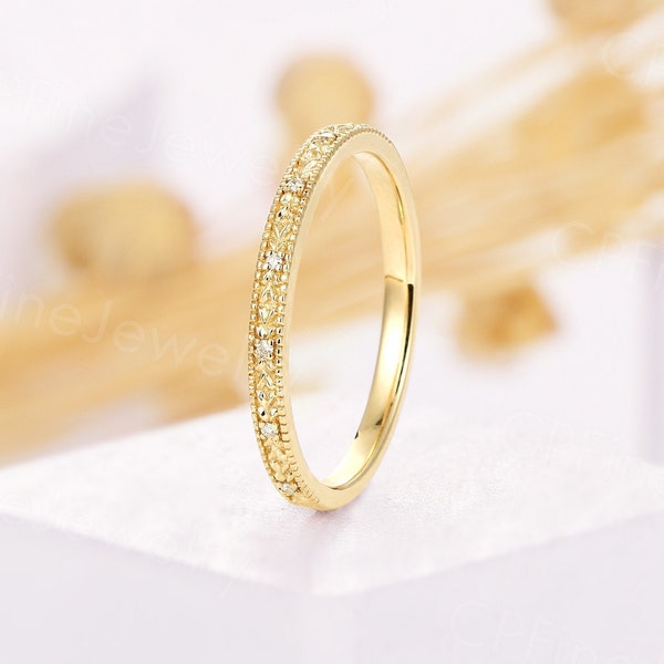 Vintage diamond wedding band yellow gold art deco milgrain wedding band unique delicate half eternity band simple anniversary bridal ring