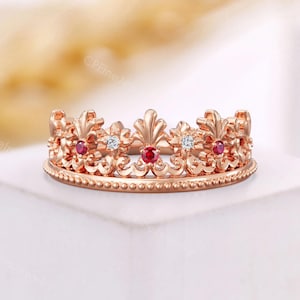 Royal Crown Ruby Wedding Ring - Rose Gold Moissanite Princess Matching Ring - Vintage Stacking Ring for Women by CPFineJewelry