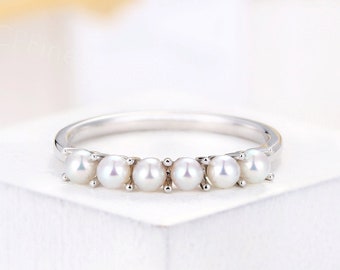 Akoya Pearl ring 14K White gold wedding ring Dainty Delicate Stacking Matching Anniversary for Birthstone day, Promise ring