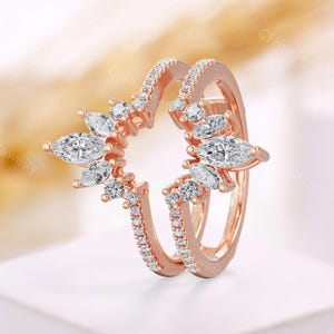 Marquise Cut Moissanite Ring Enhancer - Pave Rose Gold Curved Double Wedding Band - Art Deco Ring Guard Jacket by CPFineJewelry