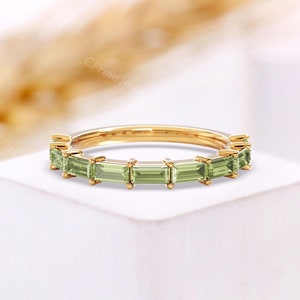 Baguette-Cut Peridot Wedding Ring  - Minimalist Dainty Green Gemstone Stackable Band, Yellow Gold Elegant Women&#39;s Ring by CPFineJewelry