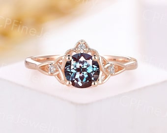 Vintage round shape alexandrite engagement ring rose gold milgrain ring celtic ring  round daimond ring anniversary promise ring