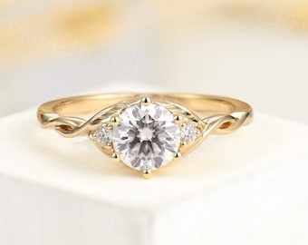 Moissanite engagement ring yellow gold, round ring, art deco diamond women ring vintage, twisted solitaire ring, anniversary bridal ring