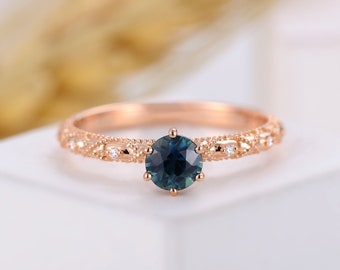 Teal sapphire engagement ring women,unique diamond band,vintage ring,promise ring for her,delicate milgrain band,bridal ring