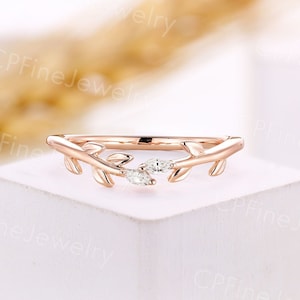 Vintage marquise diamond leaf wedding band dainty twig rose gold curved wedding ring stacking matching band anniversary bridal ring