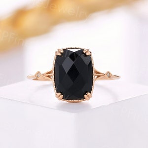 Vintage black onyx engagement ring simple cushion cut rings antique rose gold diamond ring prong set anniversary promsie bridal ring