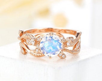 Vintage Round Cut Moonstone Engagement Ring set, Art deco CZ/Moissanite/Diamond Engagement Ring set, curved wedding band, rose gold promise