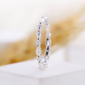 Moissanite wedding band  white gold, marquise full eternity band, art deco women ring ,anniversary bridal ring,unique promise ring