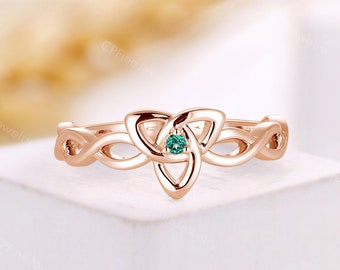 Round Emerald Engagement Ring Celtic Style Ring Vintage Rose Gold Twist Bridal Ring Antique Solitaire Wedding Ring Anniversary Ring