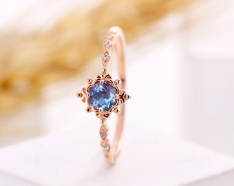 Round cut Alexandrite engagement ring dainty rose gold diamond wedding ring unique vine ring half eternity anniversary promise bridal ring