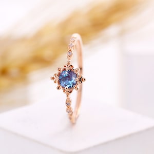 Round Alexandrite engagement ring dainty rose gold diamond wedding ring unique vine ring half eternity anniversary promise bridal ring
