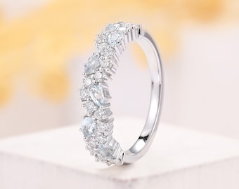 Vintage Aquamarine wedding band cluster ring white gold ring diamond/moissanite ring half eternity ring art deco bridal band Anniversary