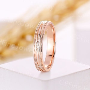 Unique Couples&#39; Wedding Ring Set Rose Gold Milgrain Ring Vintage Round Moissanite Wedding Band Plain Gold Filigree Band Anniversary Ring