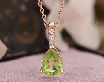 18K White Gold Natural Peridot Pendant - Teardrop Green Gemstone Moissanite Necklace - Minimalist Jewelry Gift for Her by CPFineJewelry