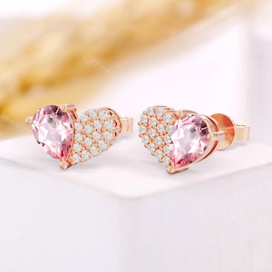 Single Heart Padparadscha Stud Earrings - 18K Rose Gold Pink Sapphire & Moissanite Earrings - Romantic Gift for Her | CPFineJewelry
