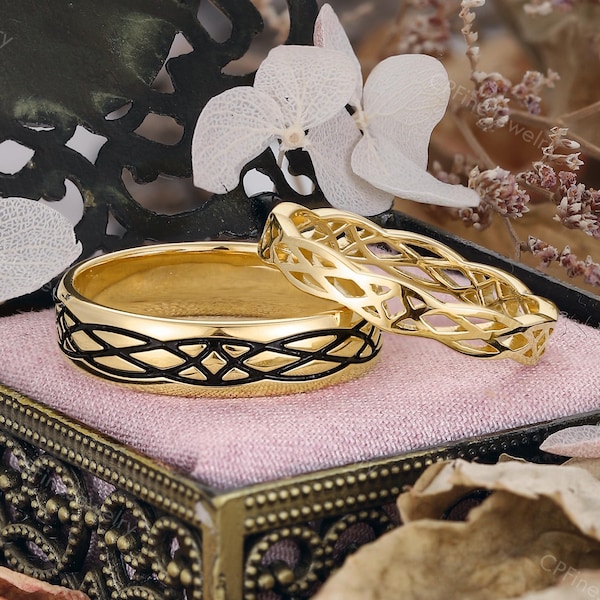 Alianças de casal com nó celta, conjunto de alianças de casamento entrelaçadas, anéis para ele e para ela da CPFineJewelry