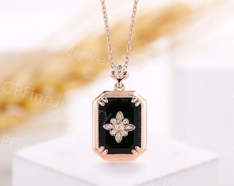 Vintage octagon black onyx pendant rose gold chain unique milgrain necklace round diamond pendant anniversary promise pendant