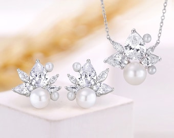Vintage Cluster Schmuck Set Einzigartige Birne Moissanite Ohrstecker Süßwasser Perle Halskette Charme Kette Geschenk für sie Handgemachte Halskette