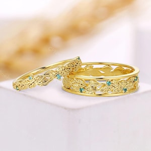 Emerald Leaf Yellow Gold Couples&#39; Band - Nature Inspired Wedding Ring Set - Delicate Matching His and Her Rings by CPFineJewelry