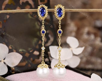 Sapphire & Pearl Drop Earrings, Gold Bridal Earrings, Royal Wedding Jewelry by CPFineJewelry