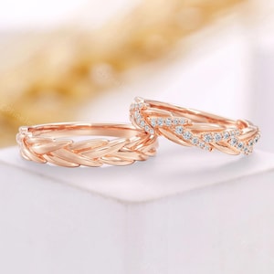 Vintage Wheat Wedding Band Set - Nature Inspired Rose Gold Matching Rings - His and Hers Harvest Promise Anniversary Rings by CPFineJewelry
