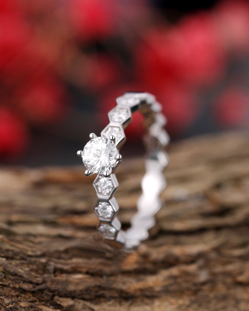 Unique moissanite engagement ring 14k white gold,diamond band ring ,promise ring,ring women,anniversary bridal ring image 2