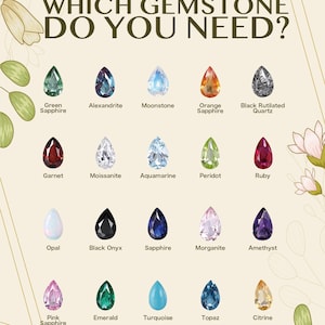 Puede incluir: Un gr&aacute;fico que muestra 20 gemas diferentes, cada una en forma de l&aacute;grima, con sus nombres debajo. Las gemas incluyen Zafiro Verde, Alejandrita, Piedra Lunar, Zafiro Naranja, Cuarzo Rutilado Negro, Granate, Moissanita, Aguamarina, Peridoto, Rub&iacute;, &Oacute;palo, &Oacute;nix Negro, Zafiro, Morganita, Amatista, Zafiro Rosa, Esmeralda, Turquesa, Topacio y Citrino. El texto "WHICH GEMSTONE DO YOU NEED?" est&aacute; en la parte superior.