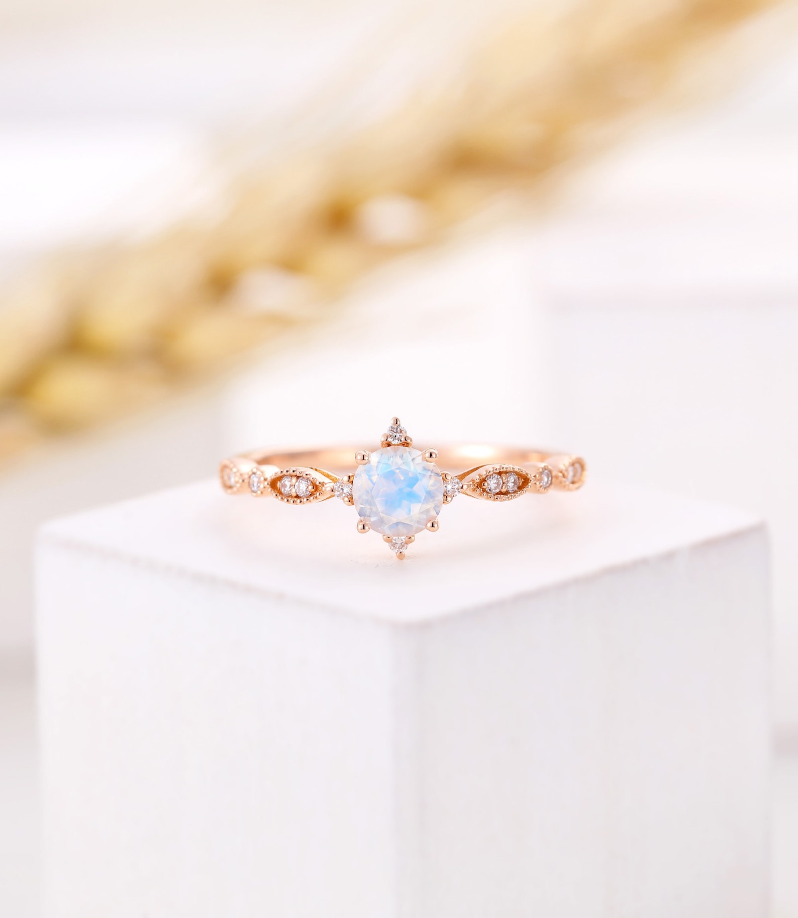 Vintage moonstone engagement ring round cut art deco rose | Etsy