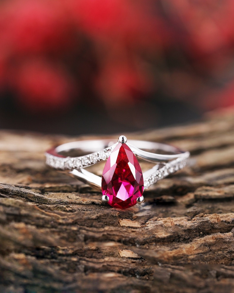 Vintage ruby engagement ring pear shaped ruby rings white gold split band art deco diamond anniversary ring unique bridal promise ruby ring image 1