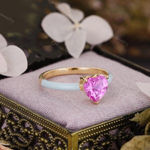 Love Heart Engagement Ring, Pink Sapphire Ring, Blue Enamel Ring by CPFineJewelry image 3