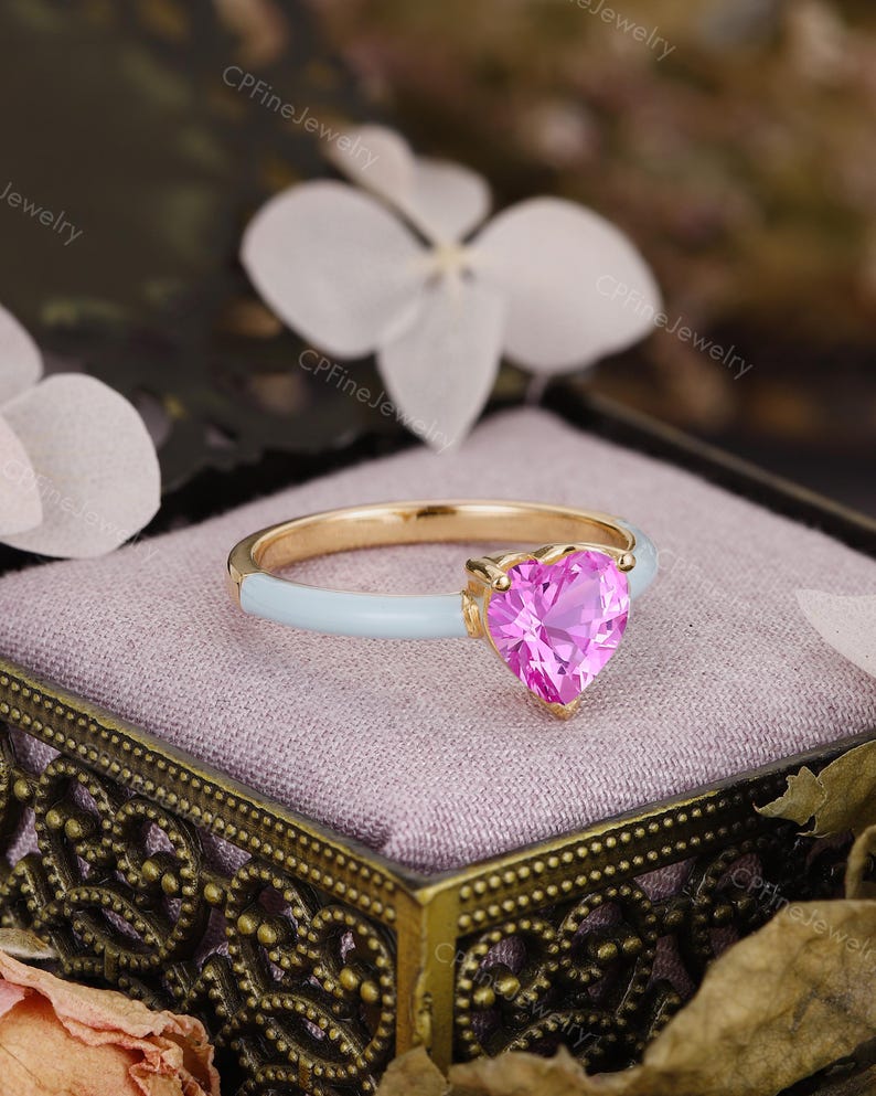 Love Heart Engagement Ring, Pink Sapphire Ring, Blue Enamel Ring by CPFineJewelry image 3