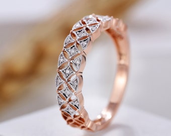 Unique diamond wedding band,thick band women,ring women,milgrain ring,promise ring,two-tone ring,anniversary bridal ring