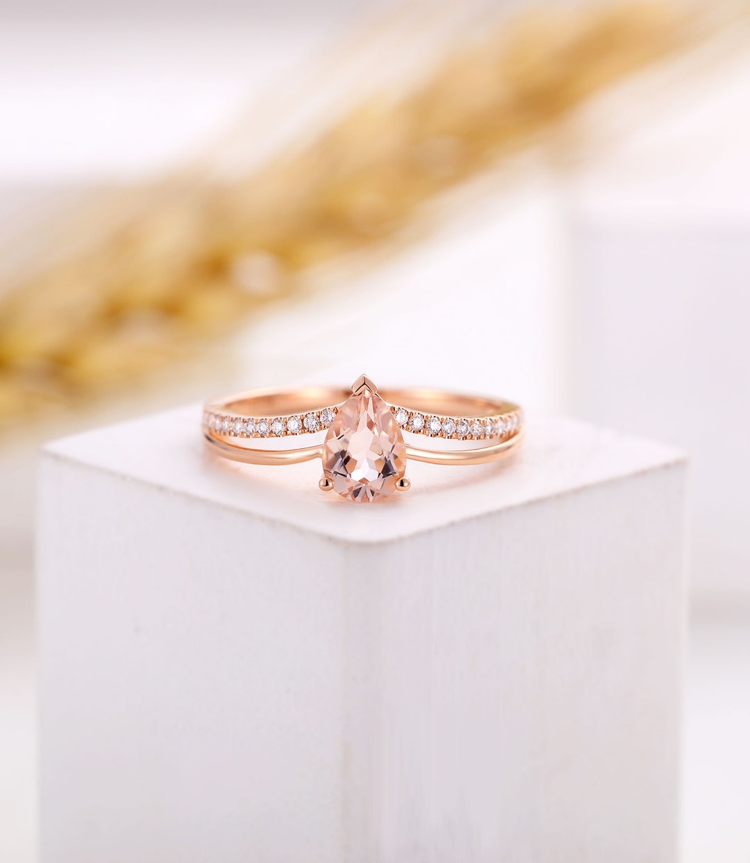 Morganite Engagement Ring Pear Shaped Rose Gold Diamond Half - Etsy