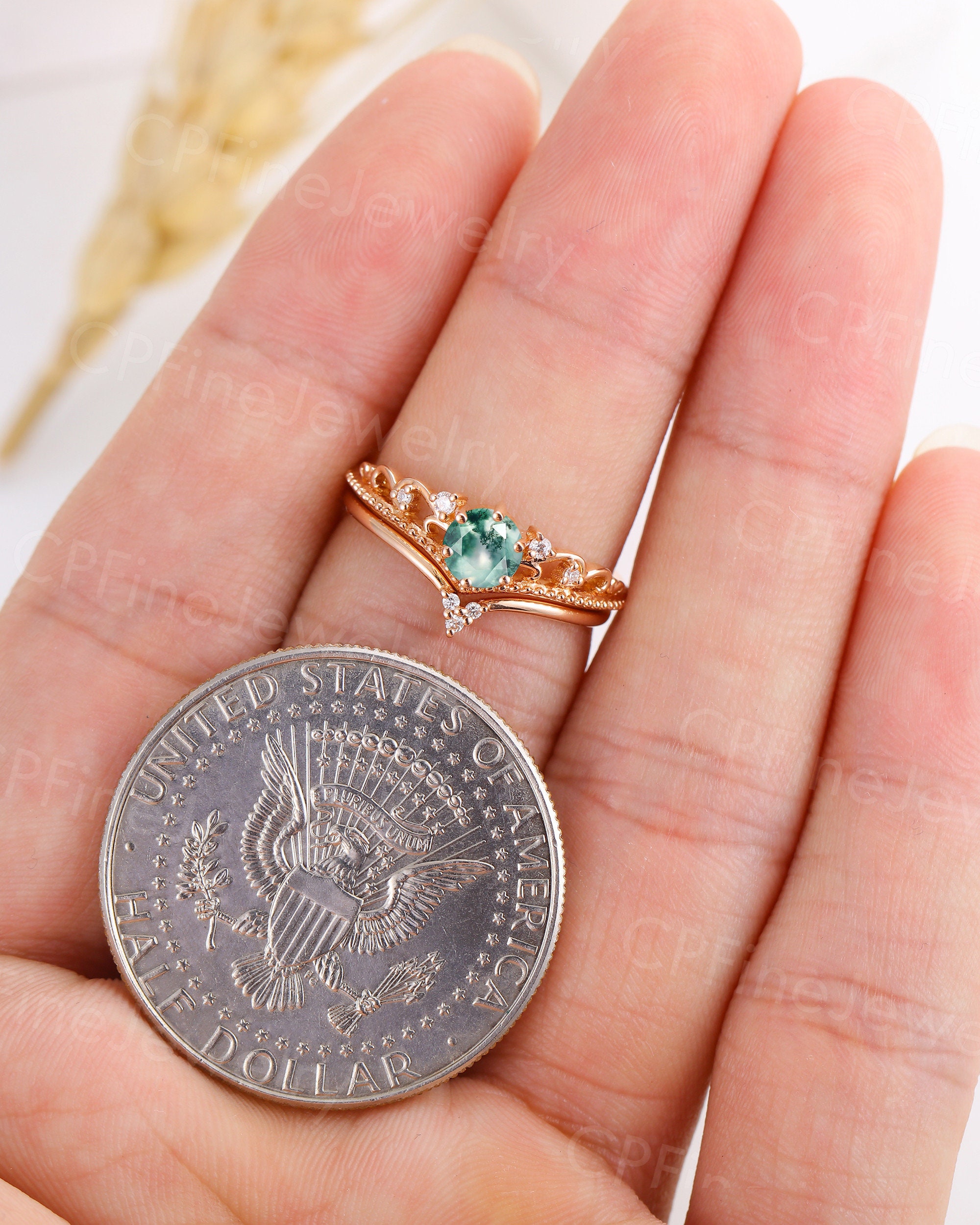 Moss agate engagement ring set round cut rose gold anniversary | Etsy