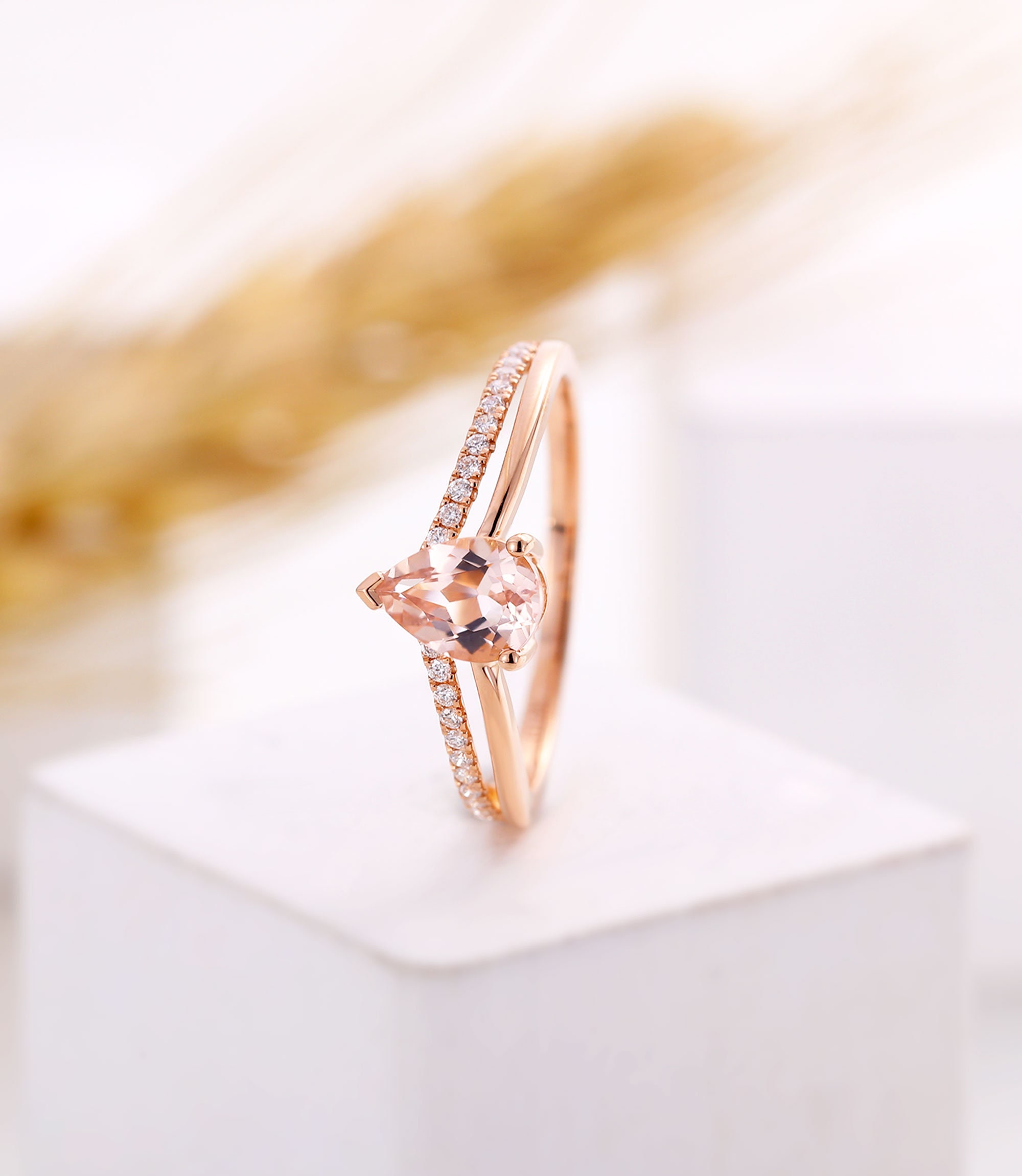 Morganite Engagement Ring Pear Shaped Rose Gold Diamond Half | Etsy
