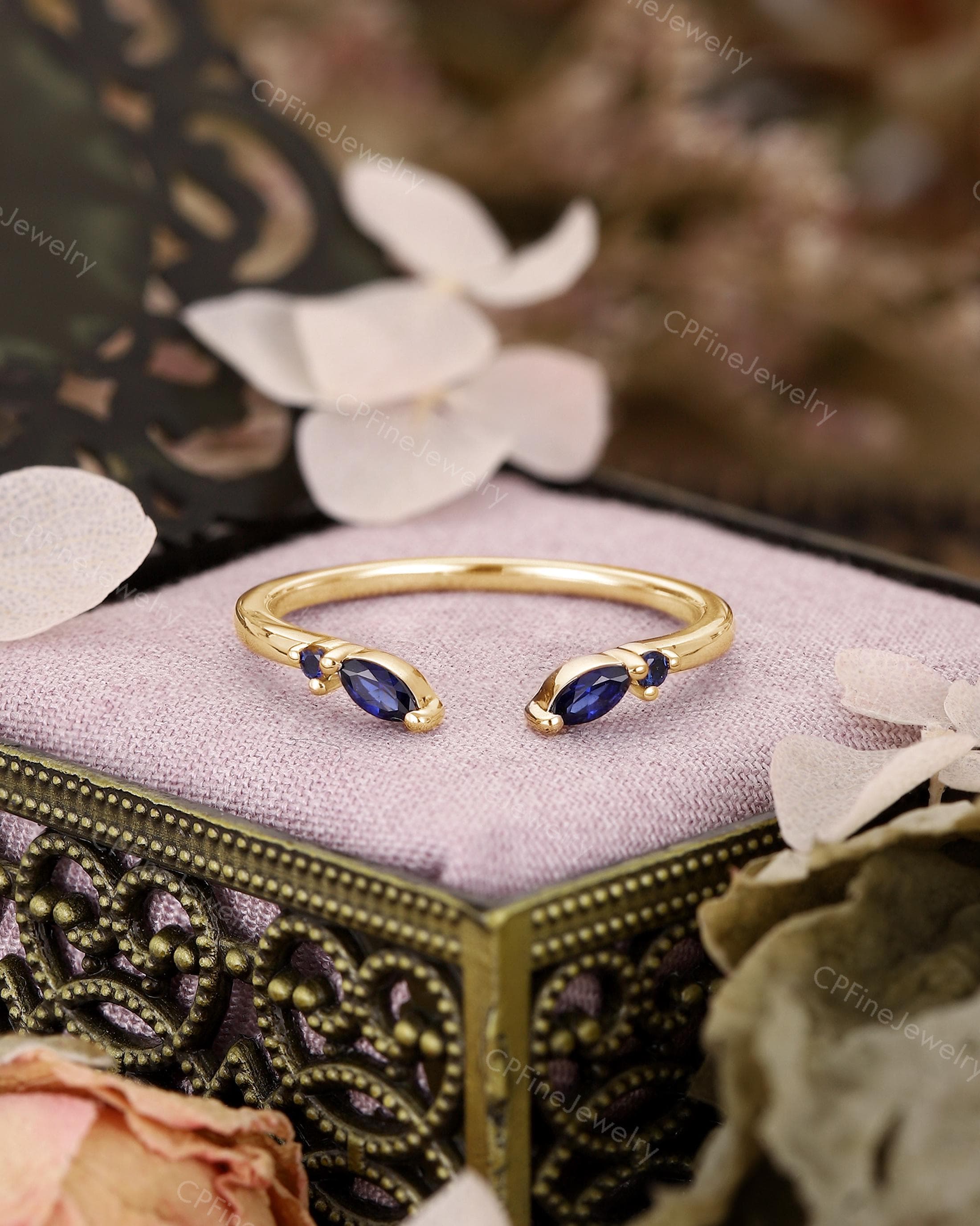 Open Sapphire Wedding Band, Minimalist Curved Ring, Stackable