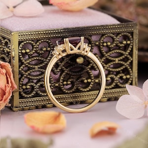 Puede incluir: Un anillo de oro con una gema rectangular de color rojo oscuro como pieza central. El anillo tiene gemas m&aacute;s peque&ntilde;as y claras a ambos lados de la piedra principal. El anillo se encuentra sobre un joyero decorativo de estilo antiguo y con detalles florales.