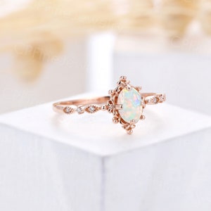 Vintage White Opal Engagement Ring Rose Gold Oval Ring Art - Etsy