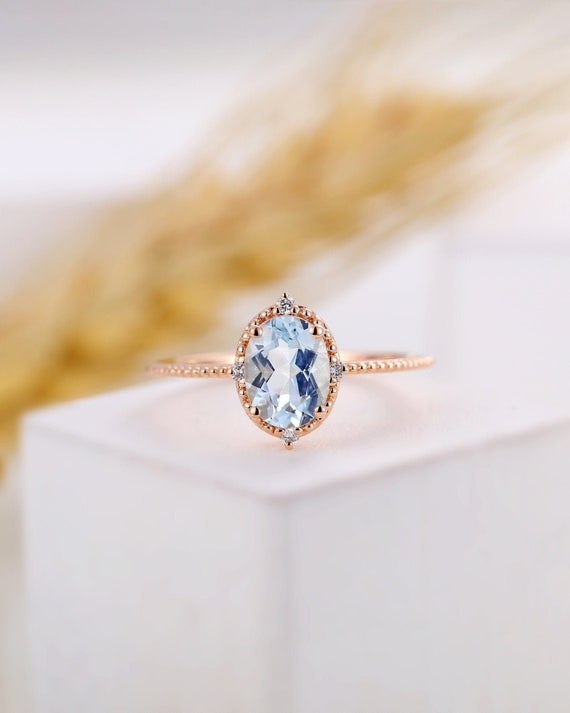 14k Gold Genuine Aquamarine Beaded Milgrain Anniversary Ring - White, Yellow or Rose Gold 14k Gold Genuine Aquamarine Beaded Milgrain Anniversary Ring - White, Yellow or Rose Gold